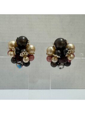 Signed Japan Faux Pearl Cluster Clip On Earrings Gold Tone Vintage Classic